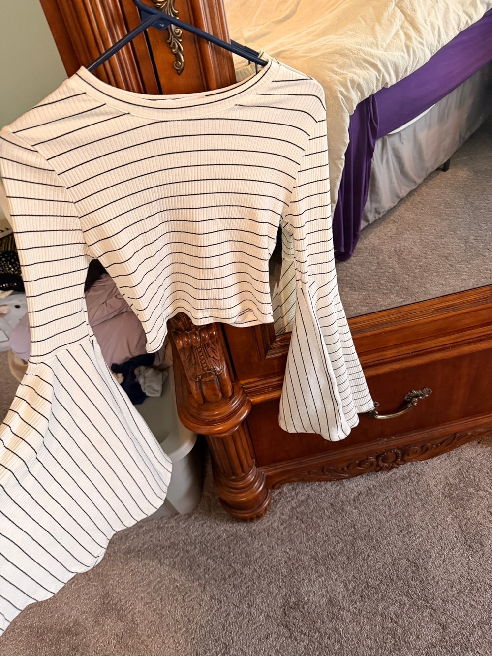 Audrey 3+1 White and Black Striped Bell-Sleeve Crop Top